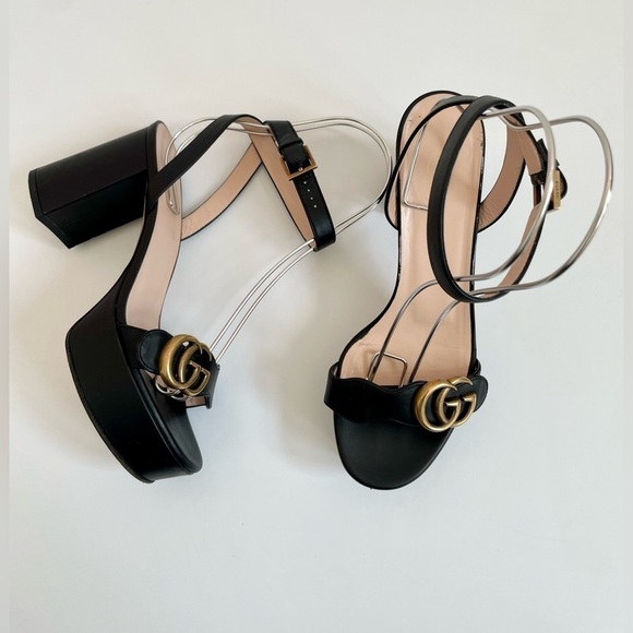 Gucci Marmont GG Platform Sandals EU 37 US 7 Black Leather Block High Heel - Picture 1 of 14